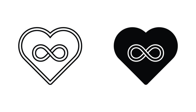 Infinity heart vector icon isolated on white Black and white outline line art and solid glyph silhouette