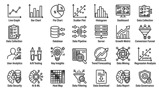 Data analytics icons represent various statistical visualization methods and information management processes in a minimalist black and white vector style.