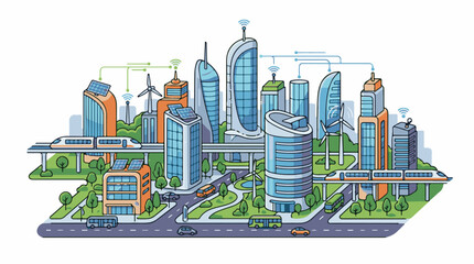 Obraz premium Green modern city with high-speed trains and renewable energy sources