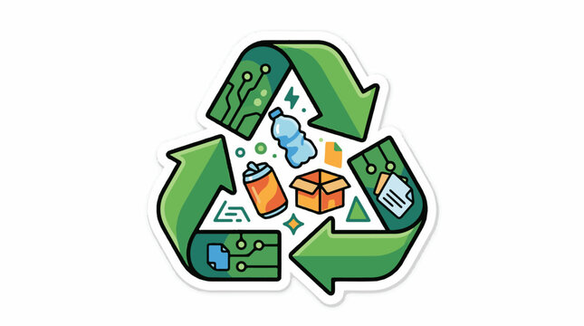 Green recycle symbol with electronic and waste items