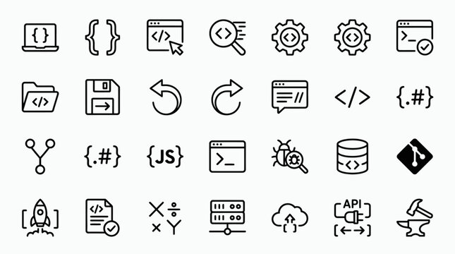 Software icons depicting development workflows and programming languages are arranged in a grid format.