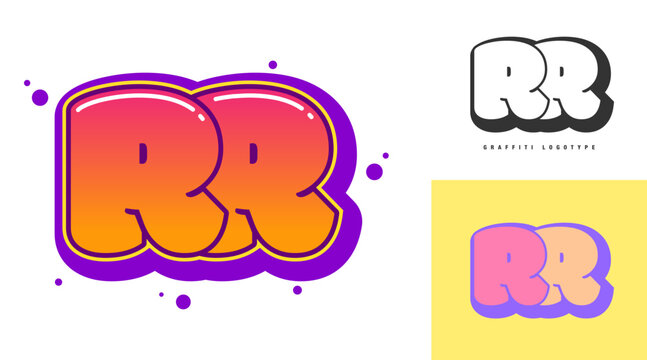 RR logo design for festival or party. Initial letter r and r in graffiti style. Creative modern lettering company name of font typography. Kids trendy logotype or identity.