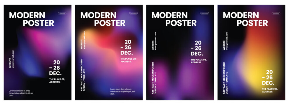 Vertical flyer templates featuring vibrant holographic gradient backgrounds with bold typography and modern abstract artistic layouts for creative events
