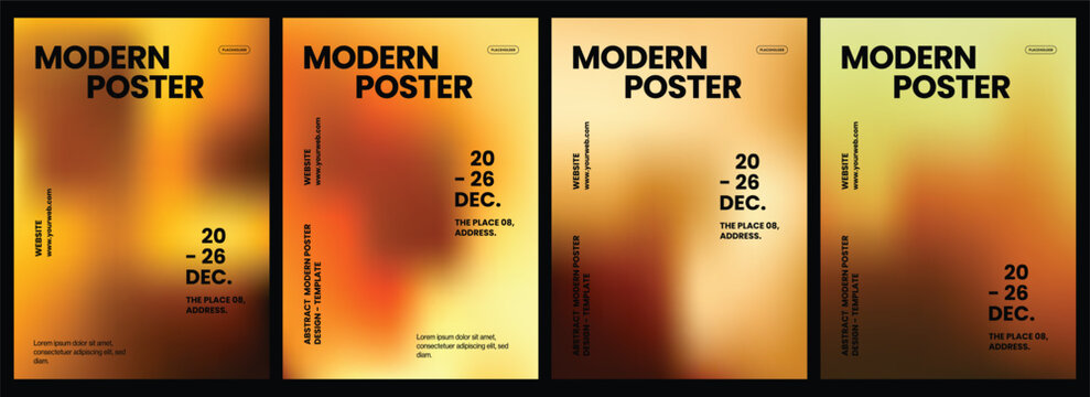 Professional modern vertical poster templates featuring soft blurred gradient backgrounds in vibrant shades of warm orange and yellow colors