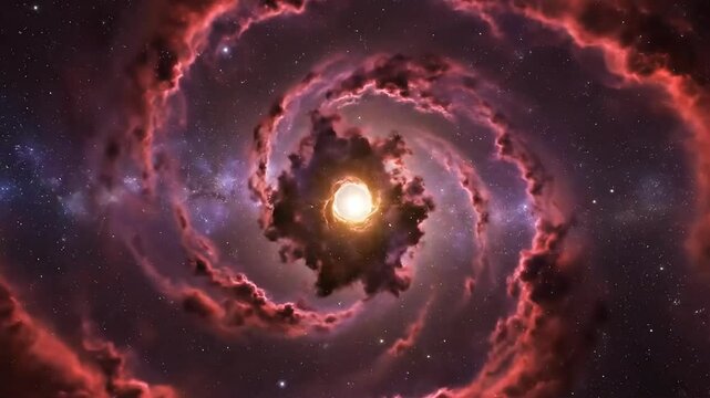 Beautiful deep cosmic space universe spiral vortex with a bright star inside a glowing red nebula galaxy background