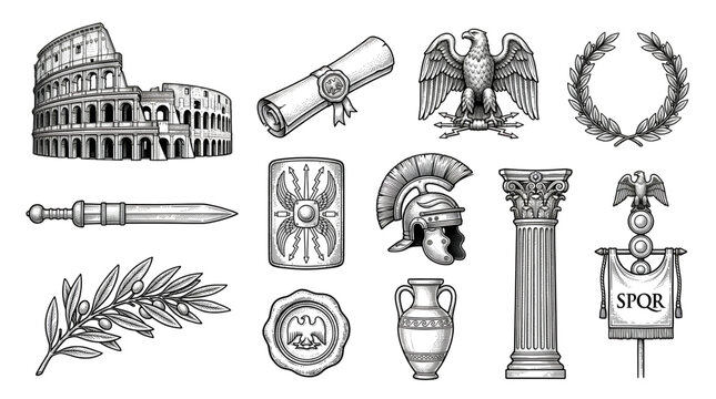 Ancient Roman Symbols Vector Collection with Colosseum Eagle Laurel Sword Shield and Vintage Engraving Elements