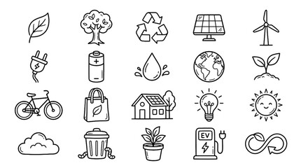 Fototapeta premium Eco Friendly Nature and Renewable Energy Doodle Vector Icon Set with Recycling Solar Wind and Sustainability Symbols