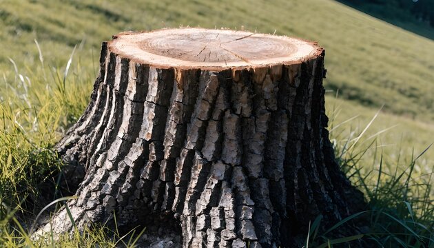 Close up of freshly cut tree stump in sunlit grassy field with natural texture