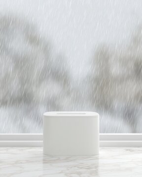 Minimalist display stand in a modern bright room with rain effect on glass wall for product showcase or interior design