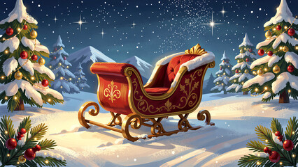 Fototapeta premium Santa Claus sleigh in a snowy winter night landscape