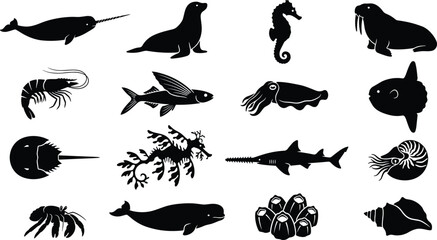Marine Wildlife Silhouette Collection Featuring Whale, Narwhal, Walrus, Seahorse, Shark, Octopus, Shells, and Ocean Animal Vector Icon Set © MstSuborna