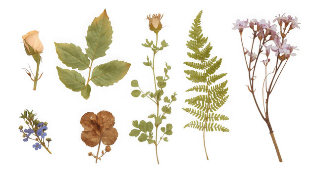 Collection of various dried flowers and leaves on transparent background for design
