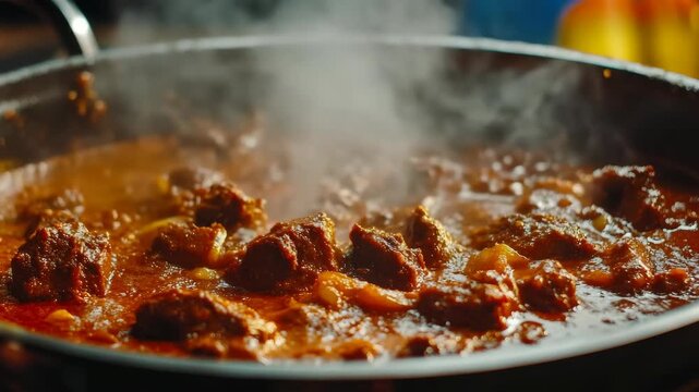Spicy dish with meat cooking on the stovetop. Close-up view of a mouth-watering food scene.