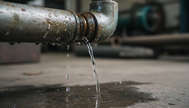 Close-up view of an old, rusty metal pipe with water actively leaking and dripping onto a wet concrete floor, causing a puddle.