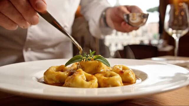 A professional chef meticulously garnishing a plate of freshly prepared pasta, likely tortellini or ravioli, with a delicate basil leaf and sauce in a fine dining restaurant setting.