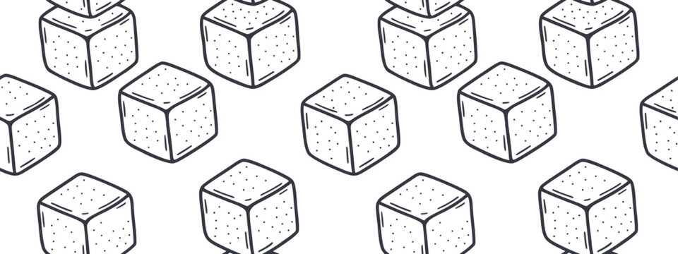 Hand drawn sugar cube seamless pattern with sketch style sweet food illustration. Minimal repeating dessert background creates a playful monochrome design. Modern vector texture for packaging and text