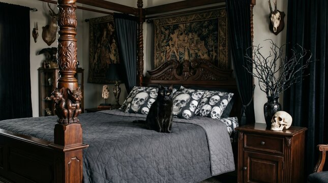 Gothic bedroom interior with skull bedding and black cat