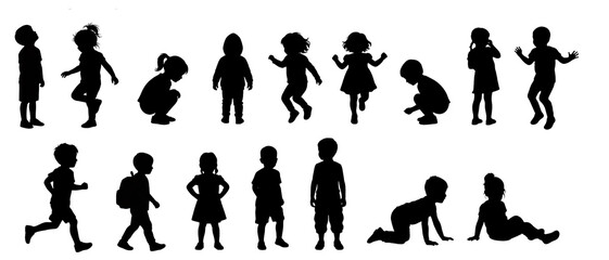 人物（子供、幼児）の全身シルエットのセット 背景透過     Full Body Children Silhouette Set (Transparent Background)