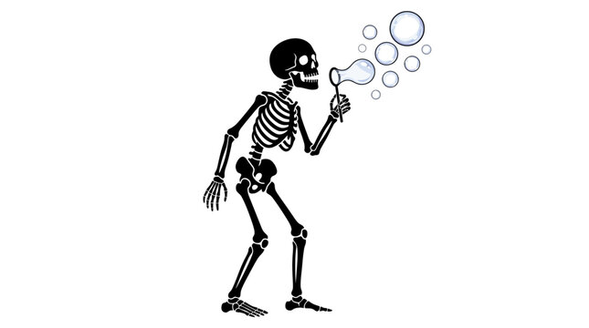 Helloween Skeleton blowing bubbles, cartoon skeleton, black and white illustration, whimsical character isolated on White Background vector