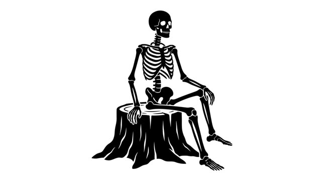 Helloween Black skeleton sitting on tree stump, Halloween icon, bone illustration, creepy character isolated on White Background vector