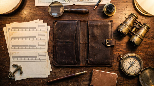 Vintage spy desk flat lay with leather wallet and navigation tools