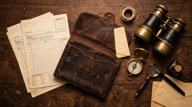 Vintage spy desk flat lay with leather pouch and binoculars