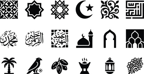 Islamic symbols and architecture flat icons set © Abul