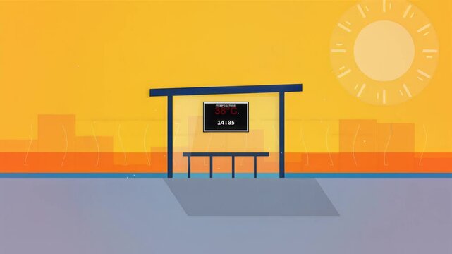 Extreme Heat Wave at Urban Bus Stop with 38 Degrees Celsius Display