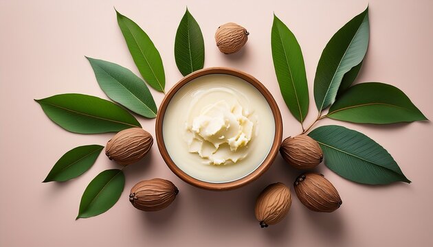 Flat Lay With Shea Butter Bowl Placed At Base Above It Arranged A Minimalist Bouquet Of Shea Tree Leaves Open Nut Shells And Buttery Textures