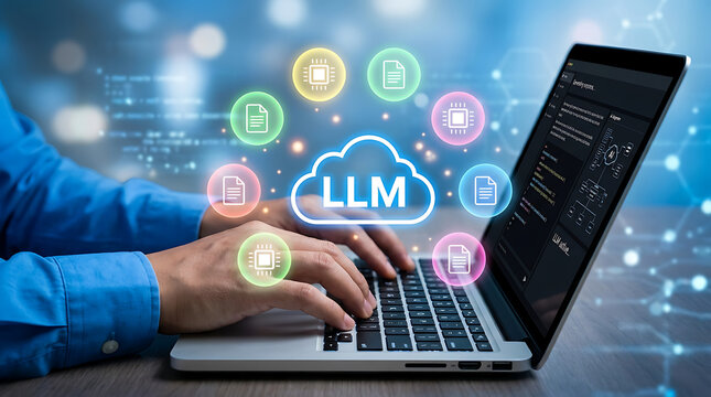 Conceptual Illustration of Large Language Model LLM Cloud Computing and Artificial Intelligence Data Processing on Laptop