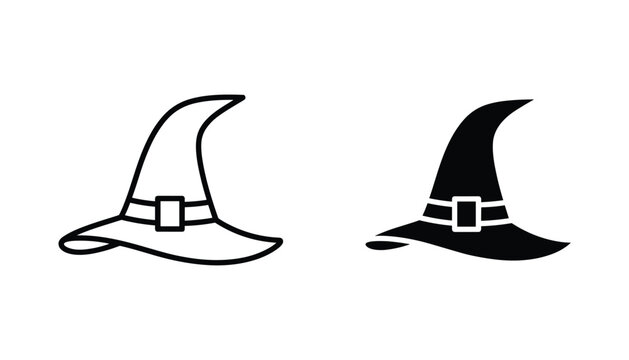 Witch hat vector icon isolated on white Black and white outline line art and solid glyph silhouette