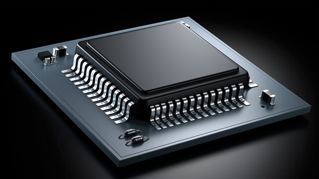 Modern powerful computer processor chip mounted on circuit board against dark black background shows advanced semiconductor and microprocessor technology