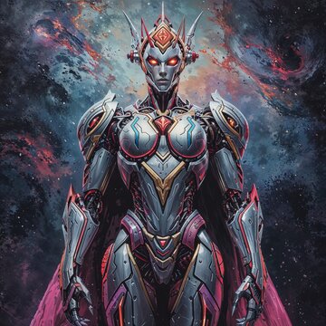 A technicolor android monarch, metallic silver and electric neon, stands tall against a backdrop of swirling galaxies.