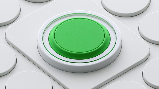Large raised green circular start button on white textured keyboard background represents go action accept start command and positive decision making concept
