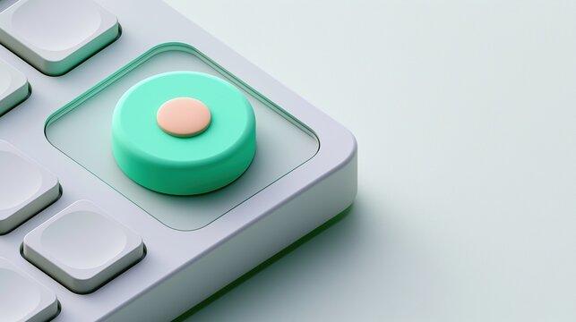 Large round mint green button with small peach center placed on light pastel keyboard background creates clean modern minimal 3d abstract interactive digital interface design concept for user interact