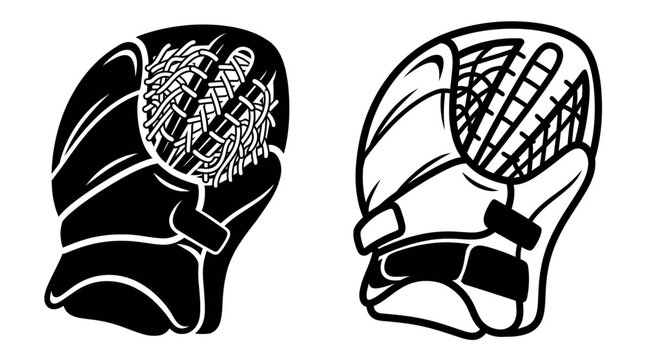 Ice hockey goalie catcher mitt vector illustration, goalkeeper glove black and white icon set, isolated sports equipment graphic
