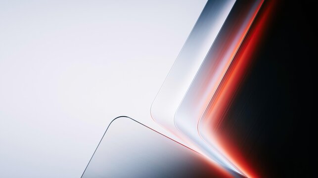 Curved layered transparent glass panels with gradient red to white brushed texture against plain dark background represents modern sleek digital technology and mobile device design concept