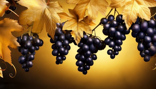 Varios Racimos De Uvas Negras Que Cuelgan De Una Parra De Hojas Doradas