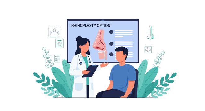 Doctor explaining rhinoplasty options to male patient in clinic.