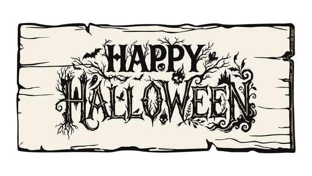 Happy Halloween calligraphy logo on wooden signboard isolated