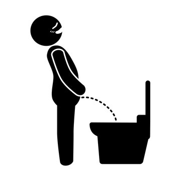 Silhouette of male person peeing in restroom isolated on white background.