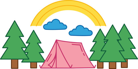 Colorful camping tent icon with trees rainbow and clouds for outdoor adventure website design © SKY DRIVE