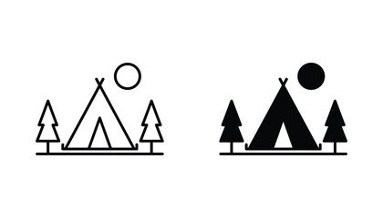 Camping tent vector icon isolated on white Black and white outline line art and solid glyph silhouette © VisionGrafix