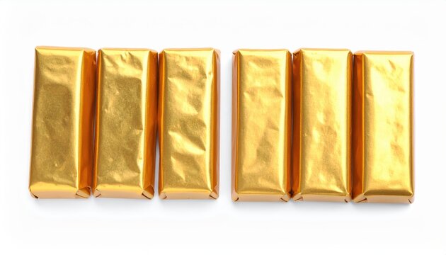 Four Individually Wrapped Caramel Candies in Gold Foil Arranged in a Row