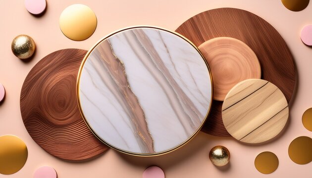 Circulo De Marmol Rodeado De Madera Sobre Circulos De Colores Pastel Y Tonos Dorados Elegantes Brillantes Para Cuadro Decorativo O Plantilla De Diseno Con Espacio De Copia Moderno Minimalista