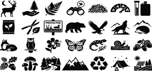 Wildlife and Nature Conservation Mega Icon Set Featuring Endangered Wild Animals Forest Trees Outdoor Camping Mountain And Environmental Protection Vector Silhouettes © MstRuna