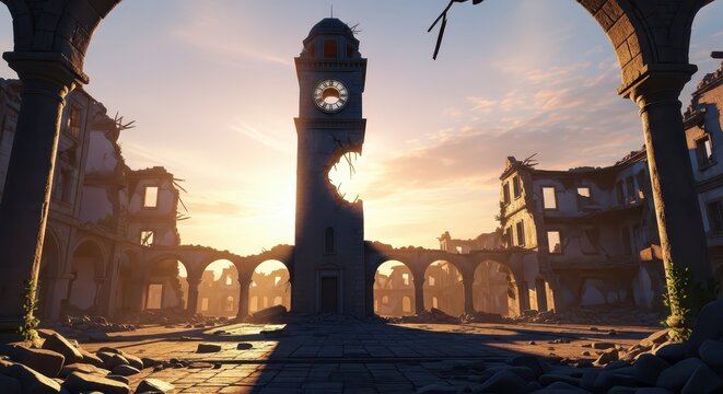 Fragmented clock tower amidst historical ruins at sunset