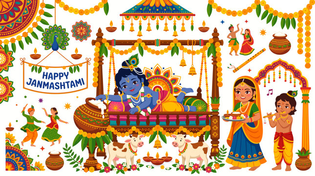 Vibrant Lord Krishna Janmashtami celebration vector illustration with
