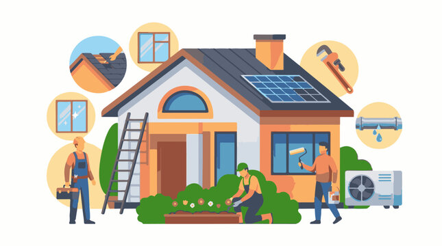 Home maintenance and repair services illustrated with workers