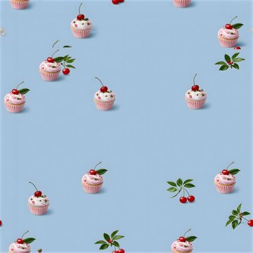 Seamless pattern of small cupcakes with white icing and red cherries on blue background seamless background delicious confectionery culinary decoration homemade minimalist creative textured